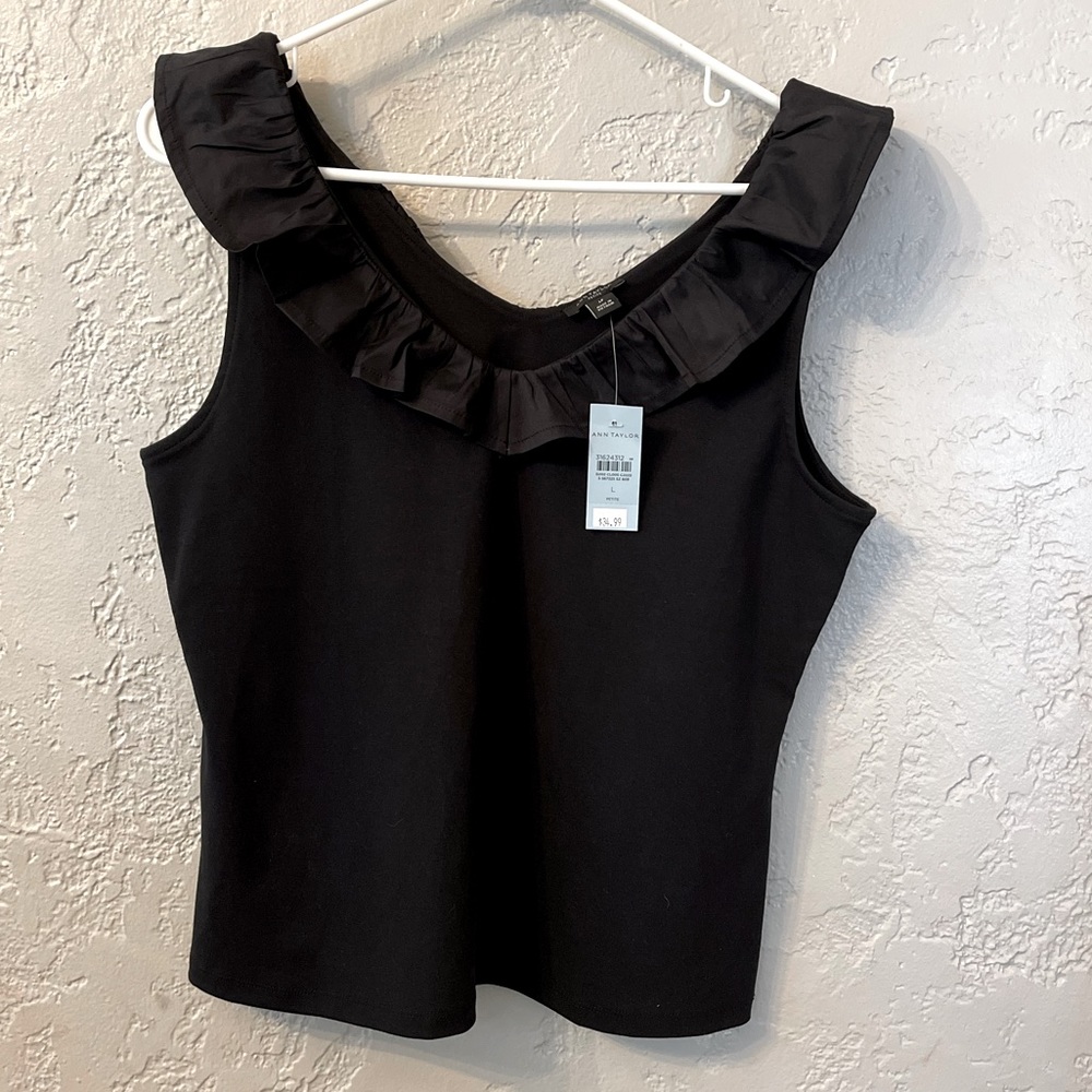 Ann Taylor, Black Ruffle Tank Top, Size L Petite. Never Worn, With Tags.